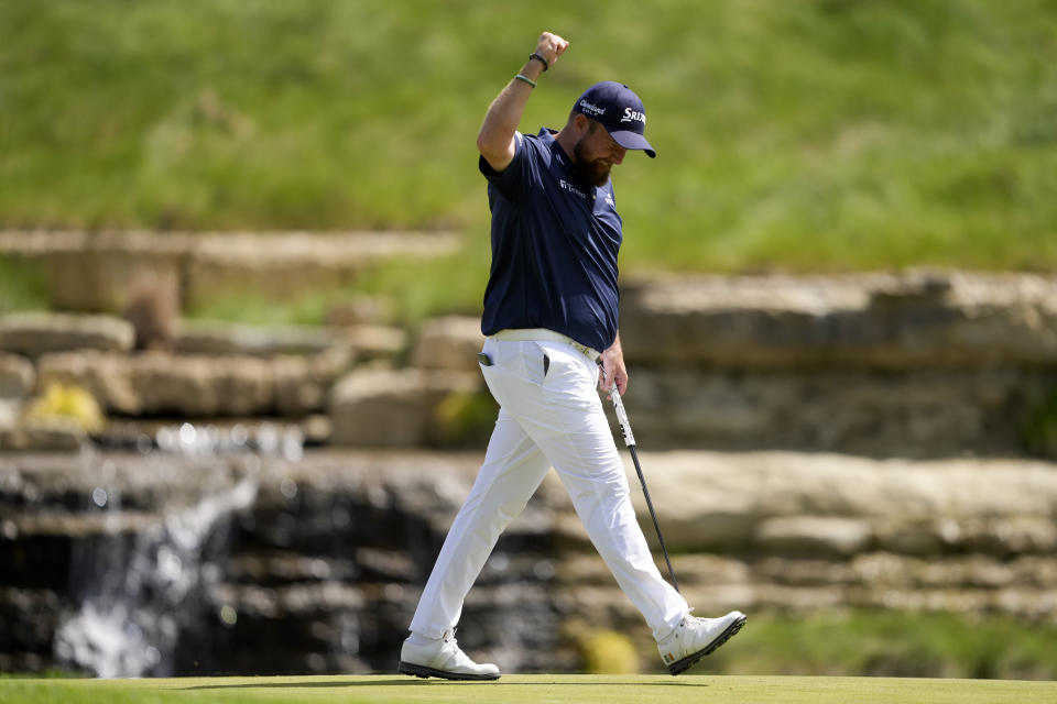 Shane Lowry, of Ireland, celebrates after a birdie on the 13th hole during the third round of the PGA Championship golf tournament at the Valhalla Golf Club, Saturday, May 18, 2024, in Louisville, Ky. (AP Photo/Matt York)