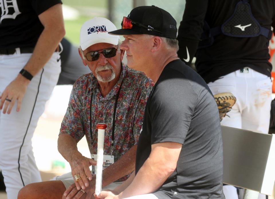 Jim Leyland talks with Detroit Tigers manager A.J. Hinch  during spring training at TigerTown in Lakeland, Fla., on Thursday, Feb. 23, 2023.