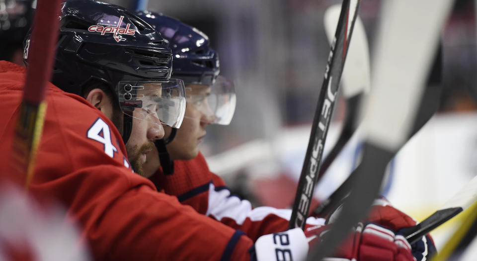 When Colorado’s Ian Cole crushed Washington’s Evgeny Kuznetsov with a late hit on Thursday night, Tom Wilson stepped up to defend his teammate. (Photo by Patrick McDermott/NHLI via Getty Images)