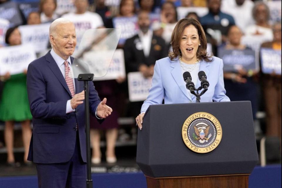 President Joe Biden (L) and Vice President Kamala Harris campaign at Girard College in Philadelphia in May. File Photo by Laurence Kesterson/UPI