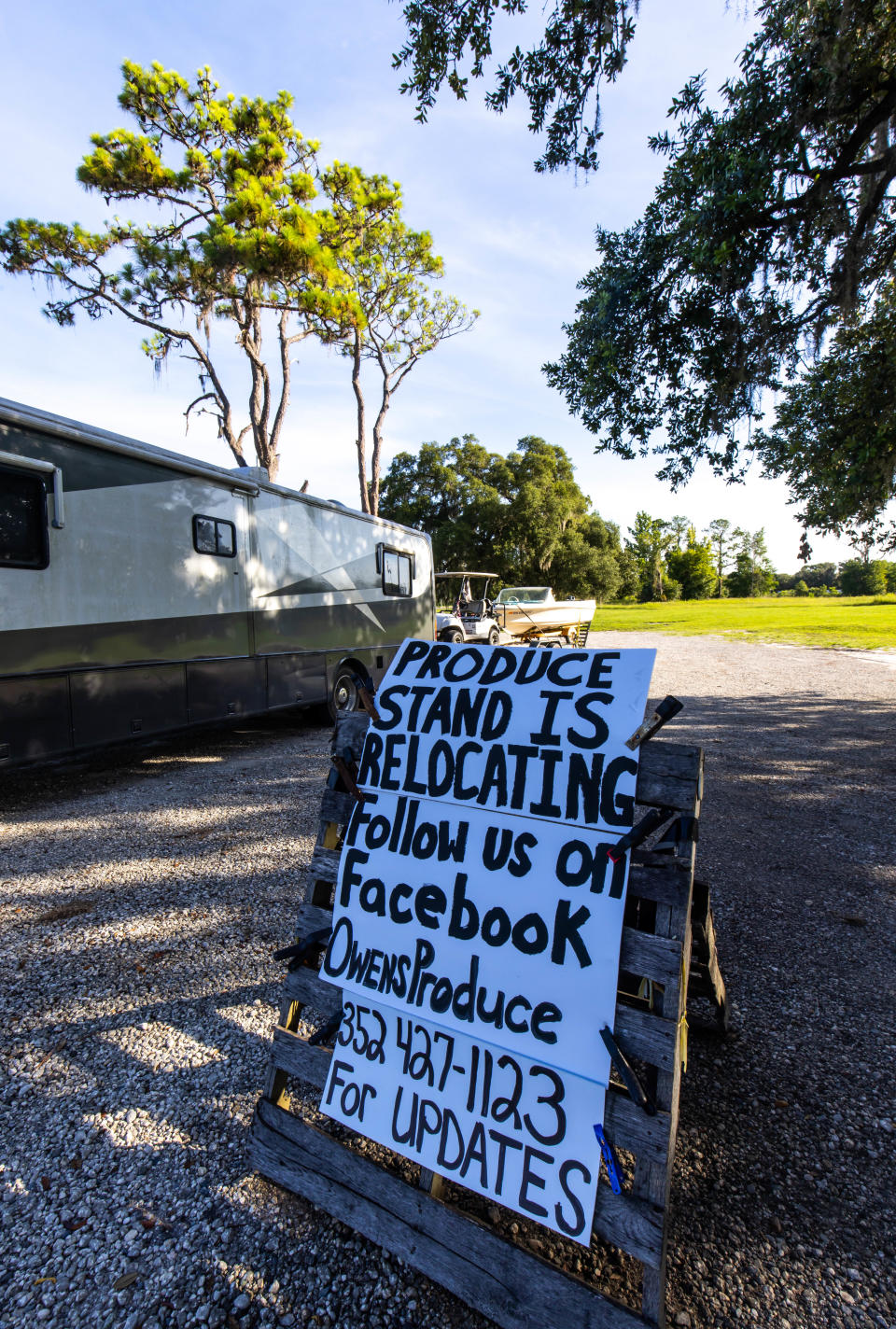 In this photo from July 7, a sign lets customers know that the Owens Produce stand has moved from its North Williams Street location between SW 110th Street and SW 111th Place in Dunnellon. The stand had to vacate when HCA Healthcare purchased the property, but the company reached an agreement in August to allow Owens Produce to return.