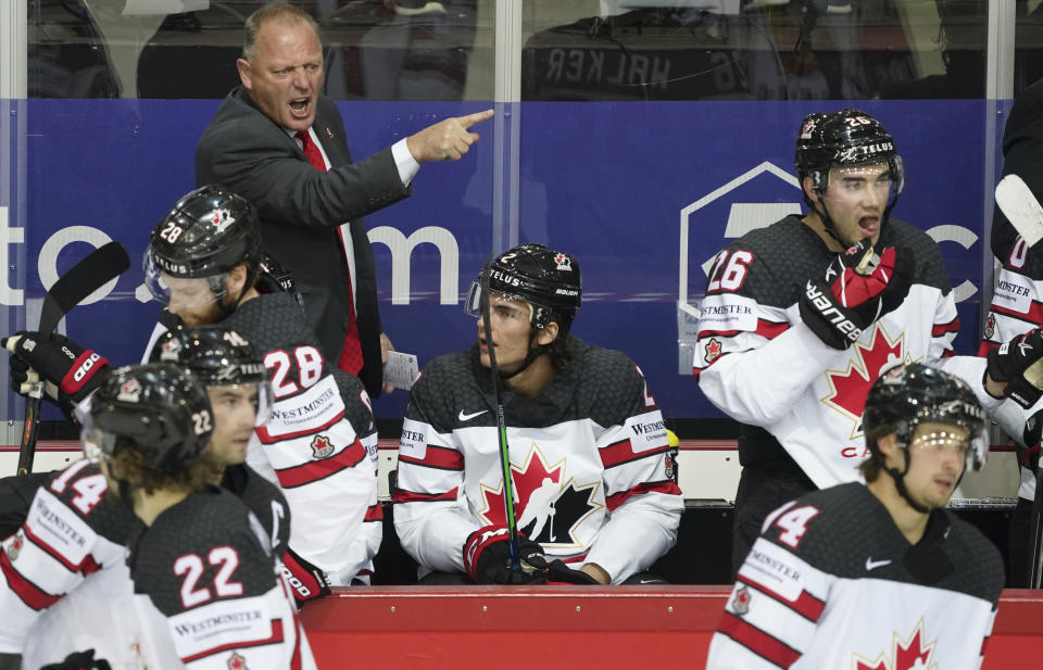 Canada's Head Coach Gerard Gallant reacts during the Ice Hockey World Championship quarterfinal match between Russia and Canada at the Olympic Sports Center in Riga, Latvia, Thursday, June 3, 2021. (AP Photo/Roman Koksarov)