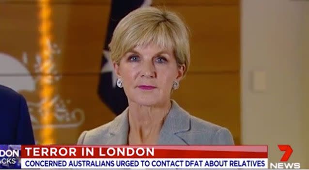 Ms Bishop can be heard whispering to Malcolm Turnbull 'I don't know how many times you're going to have to do this'. Picture: 7 News