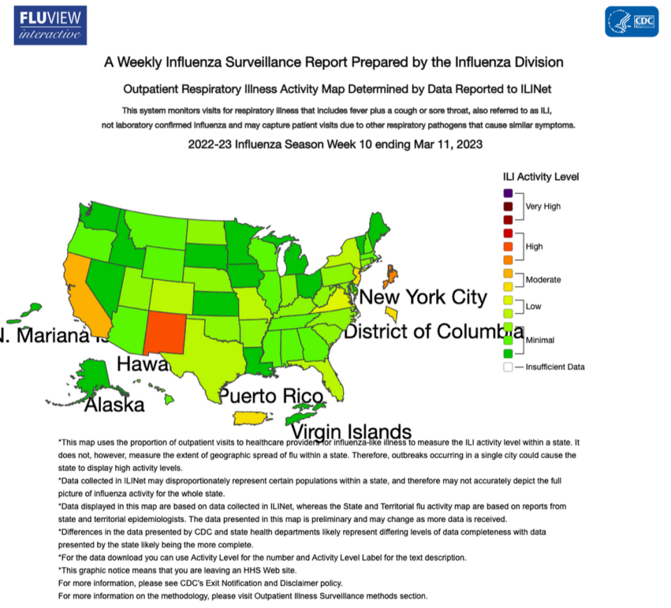 This map from the U.S. Centers for Disease Control and Prevention shows flu activity by state as of March 11, 2023.