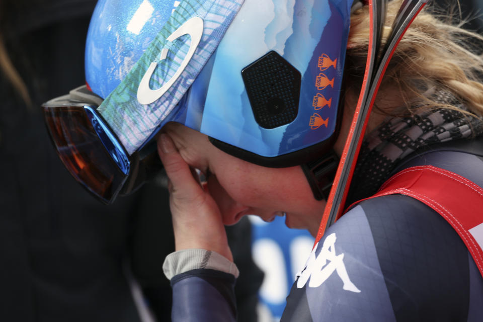 United States' Mikaela Shiffrin reacts at the finish area of an alpine ski, women's World Cup giant slalom race, in Are, Sweden, Friday, March 10, 2023. Shiffrin has won her record-tying 86th World Cup race with victory in a giant slalom, matched the overall record set by Swedish great Ingemar Stenmark 34 years ago. (AP Photo/Alessandro Trovati)