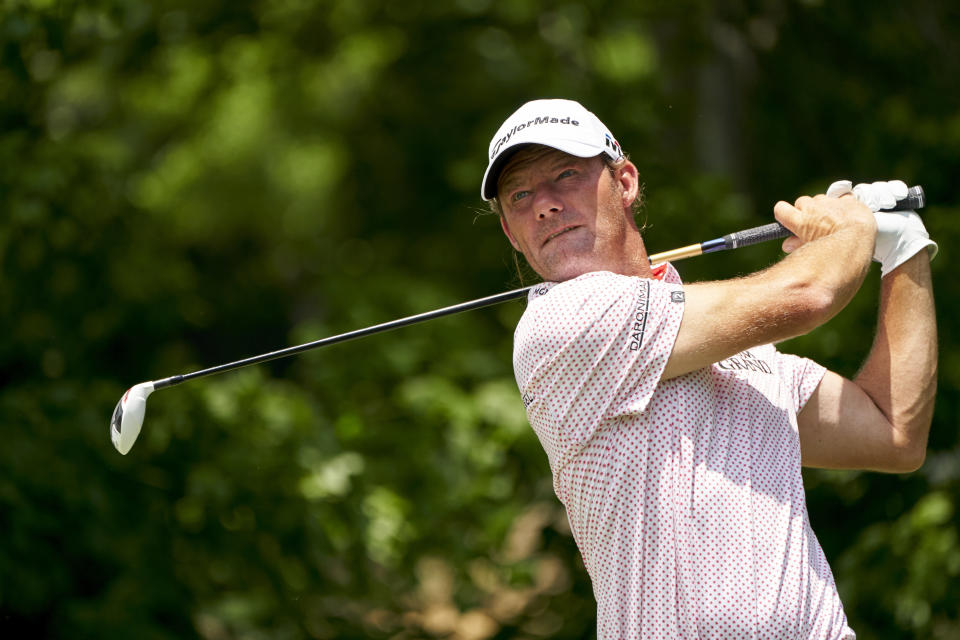 Alex Cejka, shown here in 2018, got the heave-ho from a tournament after using an old yardage book. (AP)