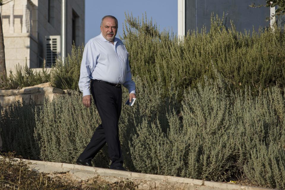 The leader of the Yisrael Beiteinu (Israel Our Home) right-wing nationalist party Avigdor Liberman arrives to votein the settlement of Nokdim, West Bank, Tuesday, Sept. 17, 2019. (AP Photo/Tsafrir Abayov)