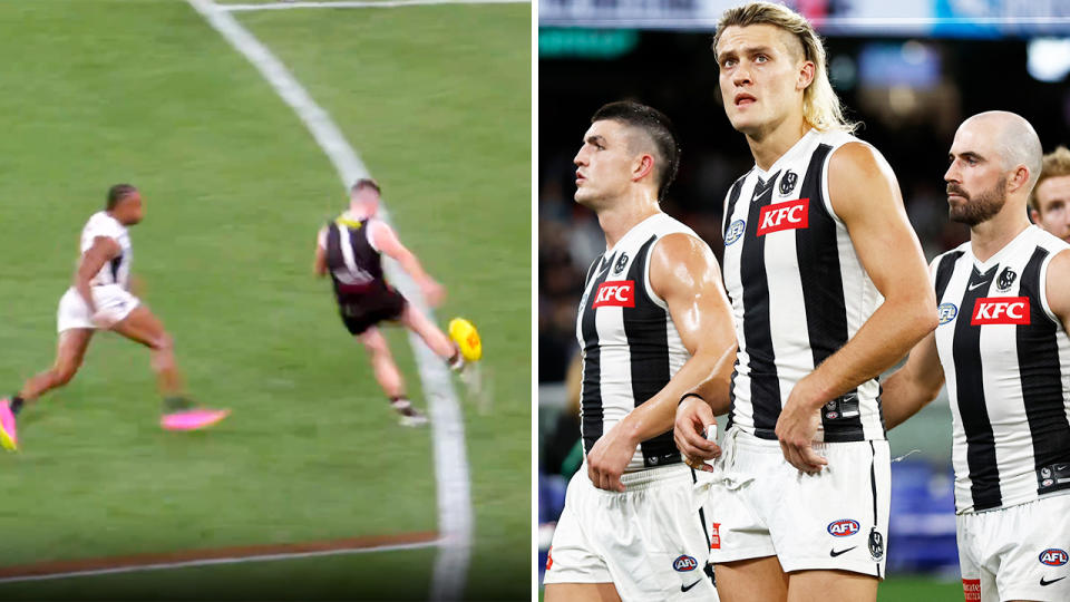 Jack Wiggins, pictured here kicking a controversial late goal against Collingwood.