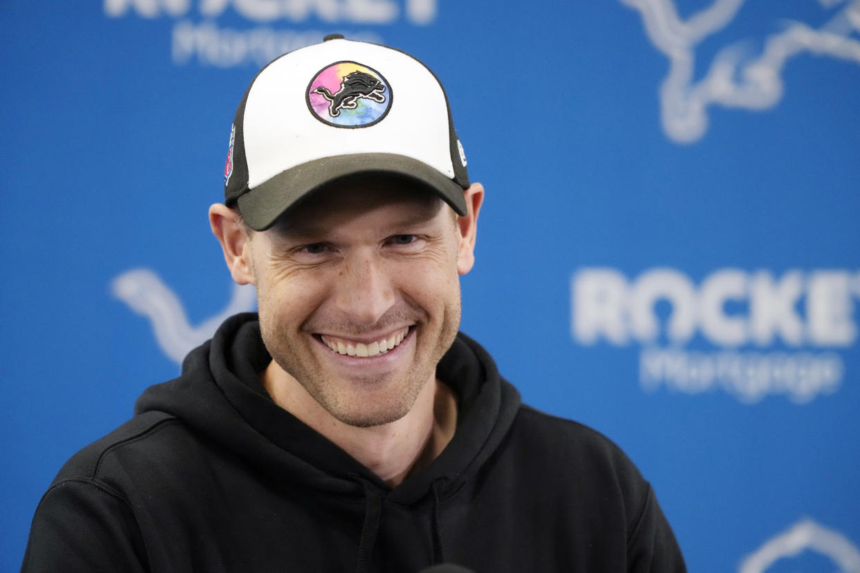 Detroit Lions offensive coordinator Ben Johnson addresses the media at the NFL football team's training facility, Thursday, Jan. 11, 2024, in Allen Park, Mich. (AP Photo/Carlos Osorio)