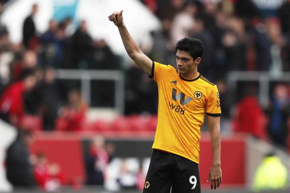 Wolverhampton's Raul Jimenez gestures at the end of the English FA Cup fifth round soccer match between Bristol City and Wolverhampton Wanderers at Ashton Gate stadium in Bristol, England, Sunday, Feb. 17, 2019. Wolverhampton won 1-0. (AP Photo/Frank Augstein)