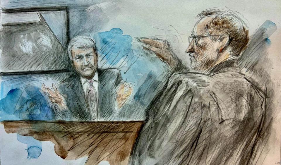 Crown attorney Michael Cantlon cross examines crash reconstructionist Barry Raftery during the trial of Umar Zameer on April 9, 2024. 