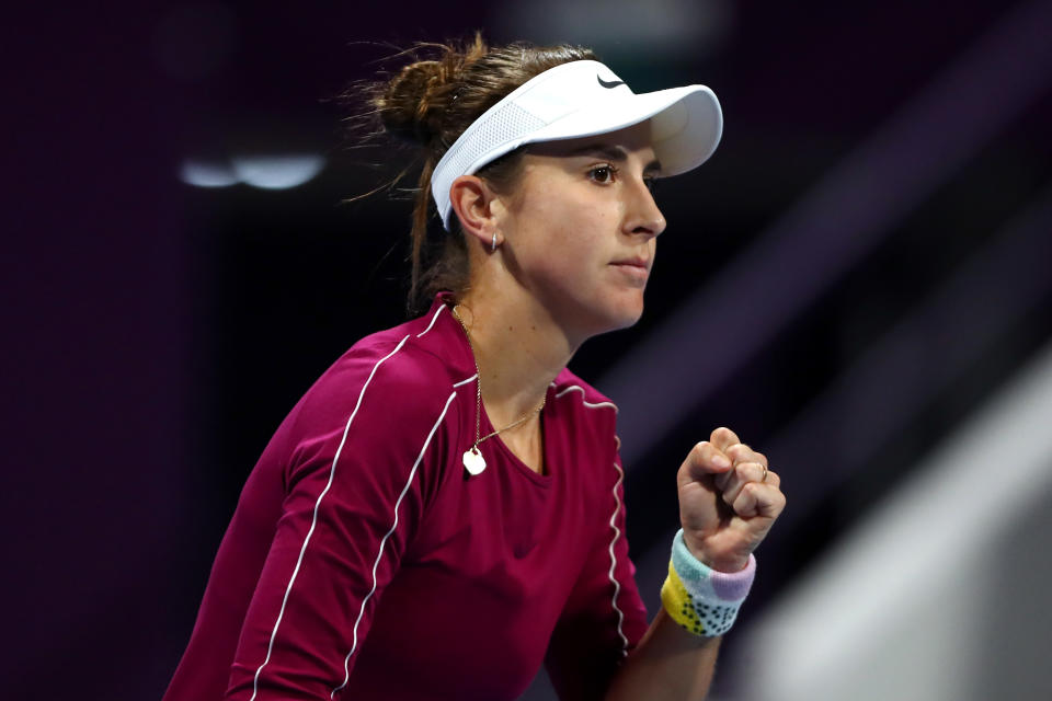 Belinda Bencic celebrating after a point.