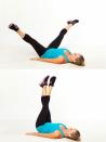 <div class="caption-credit"> Photo by: Vanessa Rogers Photography</div><b>Lower Body Toner #7: Criss-Cross</b> <br> <i>Muscles worked: inner thighs <br> Repetitions: 15</i> <br> <br> Lie on your back, both arms extended down by your sides and lift both legs up to the ceiling as straight as possible. Open both legs out the sides into a straddle position [as shown in photo A]. Then, close legs, crossing your left leg over your right as you return them up to the ceiling [as shown in photo B]. Quickly open back out to your straddle position. That's one rep.