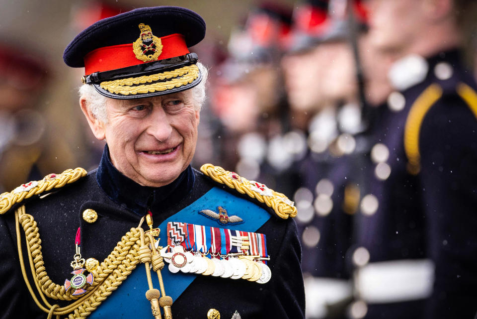 Image: Britain's King Charles III inspects graduating officer cadets march during the 200th Sovereign's Parade at the Royal Military Academy, Sandhurst, southwest of London on April 14, 2023. (Dan Kitwood / AFP - Getty Images)
