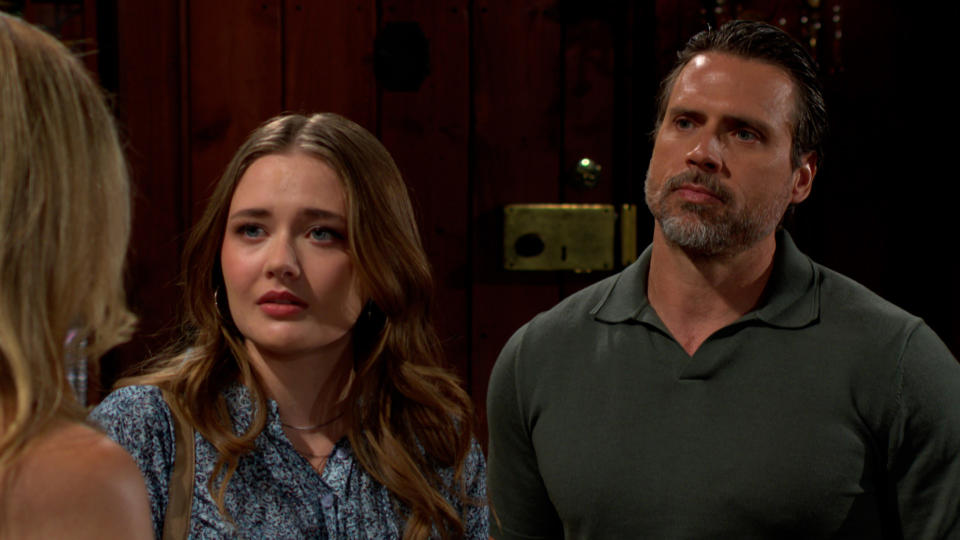 Reylynn Caster as Faith upset next to Joshua Morrow as Nick in The Young and the Restless