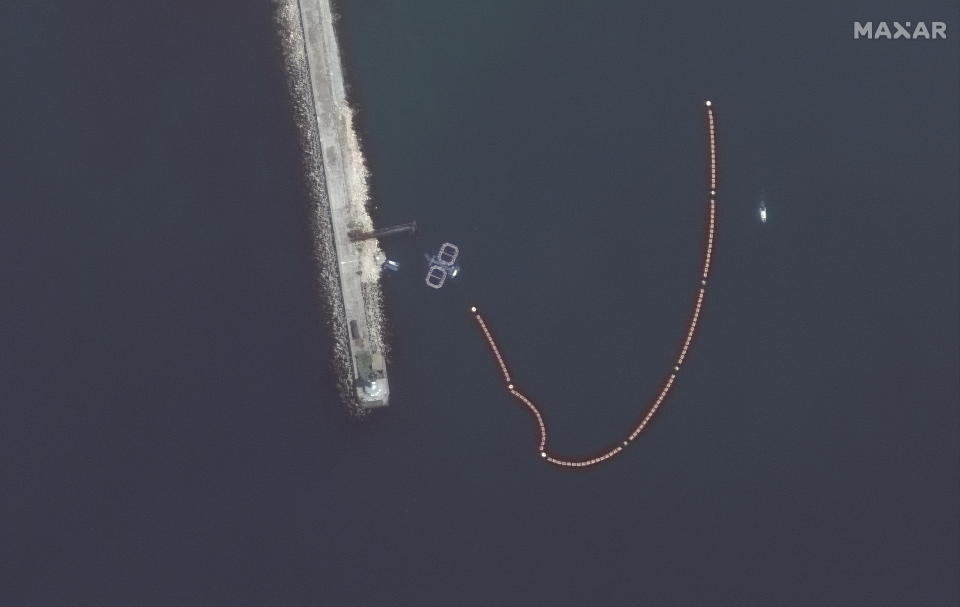 A satellite image shows dolphin pens that have been placed at the entrance to Sevastopol Bay, Crimea, April 29, 2022. (Satellite image 2022 Maxar Technologies/Handout via Reuters)