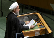 Iran's President Hassan Rouhani addresses the 74th session of the United Nations General Assembly, Wednesday, Sept. 25, 2019. (AP Photo/Craig Ruttle)