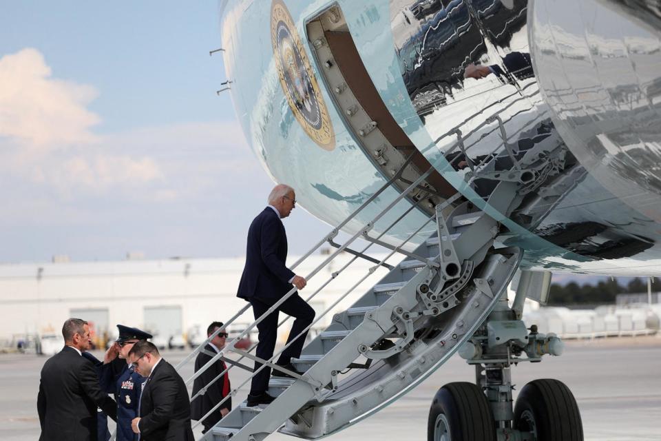 PHOTO: President Joe Biden boards Air Force One, at Harry Reid international airport in Las Vegas, on July 17, 2024. (Tom Brenner/Reuters)