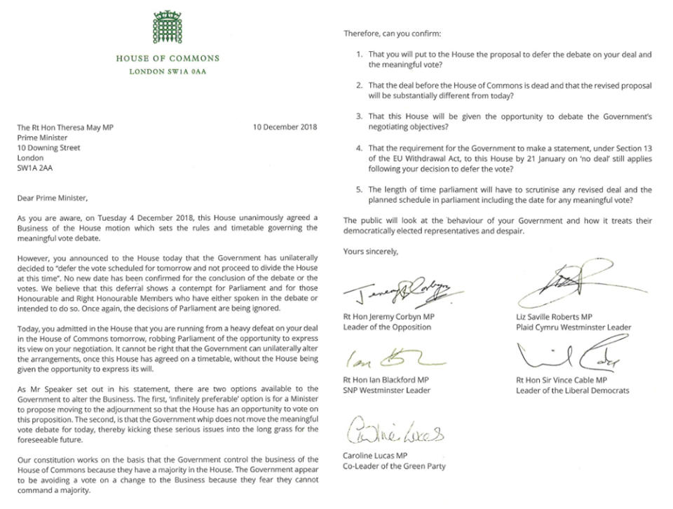 The joint letter sent by opposing leaders to Prime Minister Theresa May. (Twitter)