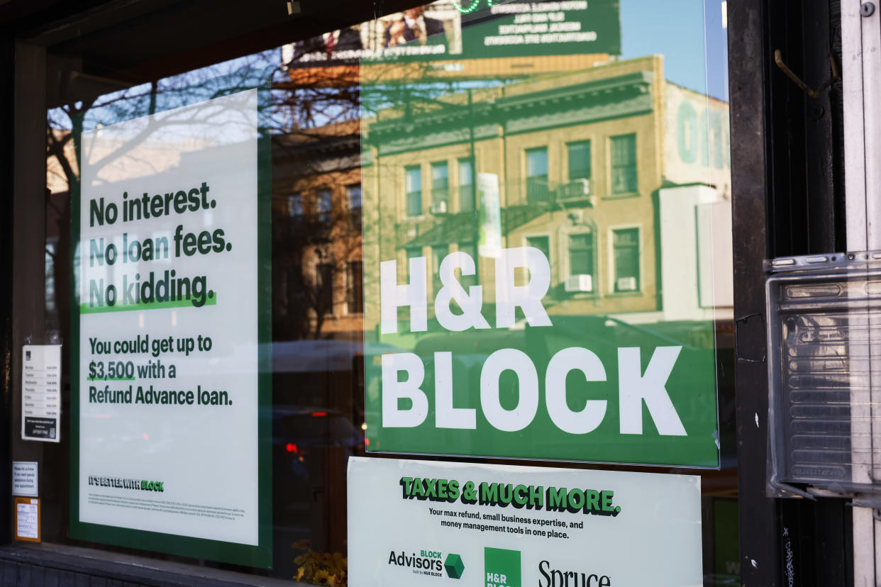 An H&R Block tax preparation sign is seen on Flatbush Avenue on February 06, 2024 in the Prospect Heights neighborhood of Brooklyn borough in New York City. (Credit: Michael M. Santiago, Getty Images)