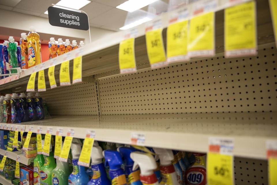 Shelves where disinfectant wipes and sprays are usually displayed sit empty in a pharmacy Wednesday, March 4, 2020, in Providence, R.I., as confirmed cases of the coronavirus rise in the U.S. (AP Photo/David Goldman)