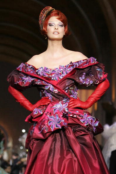 Supermodel Linda Evangelista returned to the runway for Christian Dior's 60th Anniversary show in 2007 in an over-the-top Galliano design.