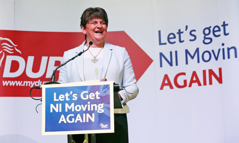 DUP leader Arlene Foster speaking at her party's General Election manifesto launch at W5 in Belfast.