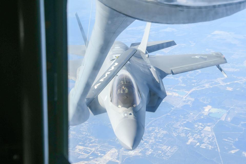 An F-35 Lighting II from the 33rd Fighter Wing approaches a KC-135 Stratotanker from the 97th Air Mobility Wing near Eglin Air Force Base on Feb. 1 during an air refueling mission.