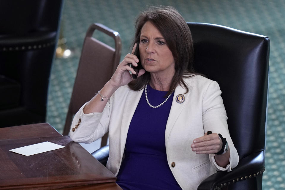 Texas state Sen. Angela Paxton, wife of impeached state Attorney General Ken Paxton, sits in the Senate Chamber at the Texas Capitol in Austin, Texas,  on Monday, May 29, 2023.  / Credit: Eric Gay / AP