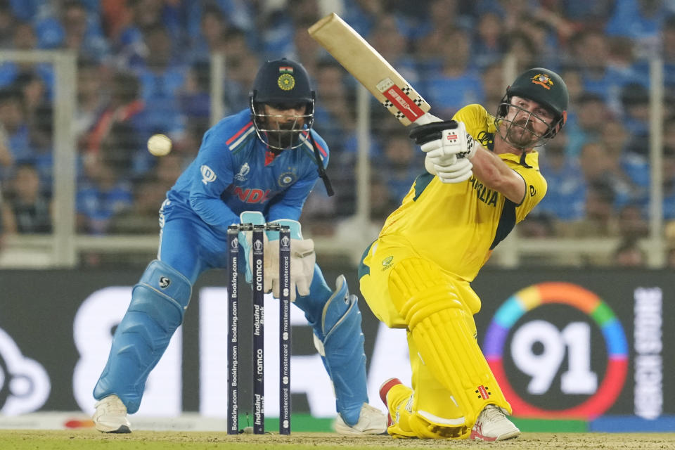 Australia's Travis Head plays a shot during the ICC Men's Cricket World Cup final match between Australia and India in Ahmedabad, India, Sunday, Nov. 19, 2023. (AP Photo/Rafiq Maqbool)