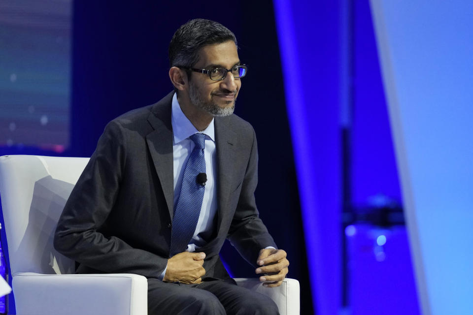 Sundar Pichai, CEO of Google and Alphabet, takes part in a discussion entitled "Innovation That Empowers" during the Asia-Pacific Economic Cooperation (APEC) CEO Summit Thursday, Nov. 16, 2023, in San Francisco. (AP Photo/Eric Risberg)