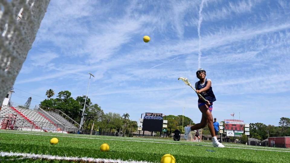 Manatee’s girls lacrosse team during practice at Manatee High’s football stadium on Thursday, April 4, 2024.