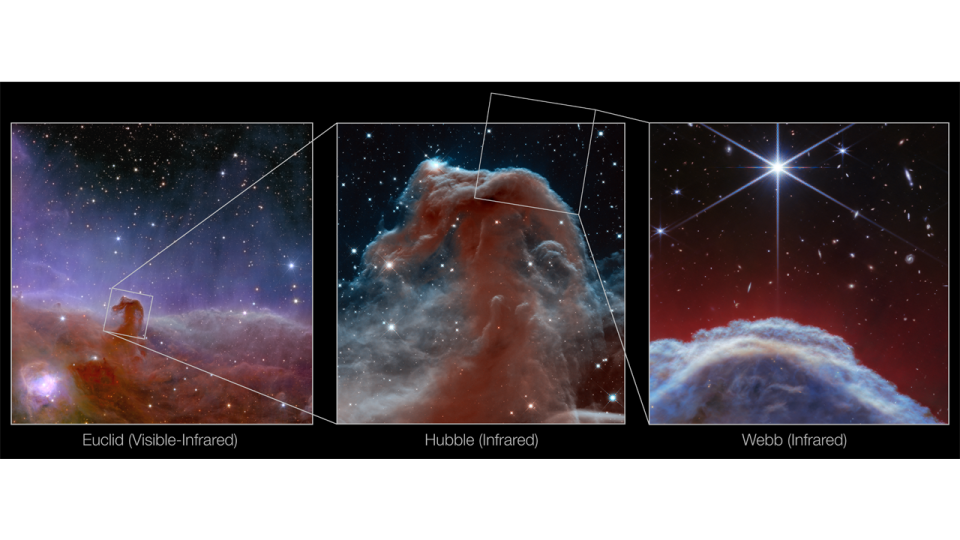 This image shows three views of the Horsehead Nebula, one of the most distinctive objects in our skies. The first image was released in November 2023 by the European Space Agency and shows the nebula in visible light by the Euclid telescope. The second image shows a view of the Horsehead Nebula in near-infrared light from NASA’s Hubble Space Telescope in 2013.The third image is a new view of the nebula from NASA’s James Webb Space Telescope’s NIRCam (Near-Infrared Camera) instrument.