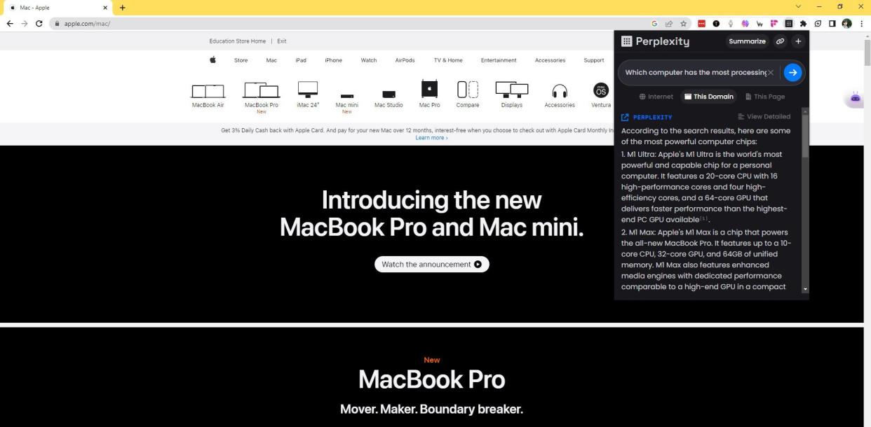 Screenshot of Perplexity AI Chrome extension answering question about Apple computers