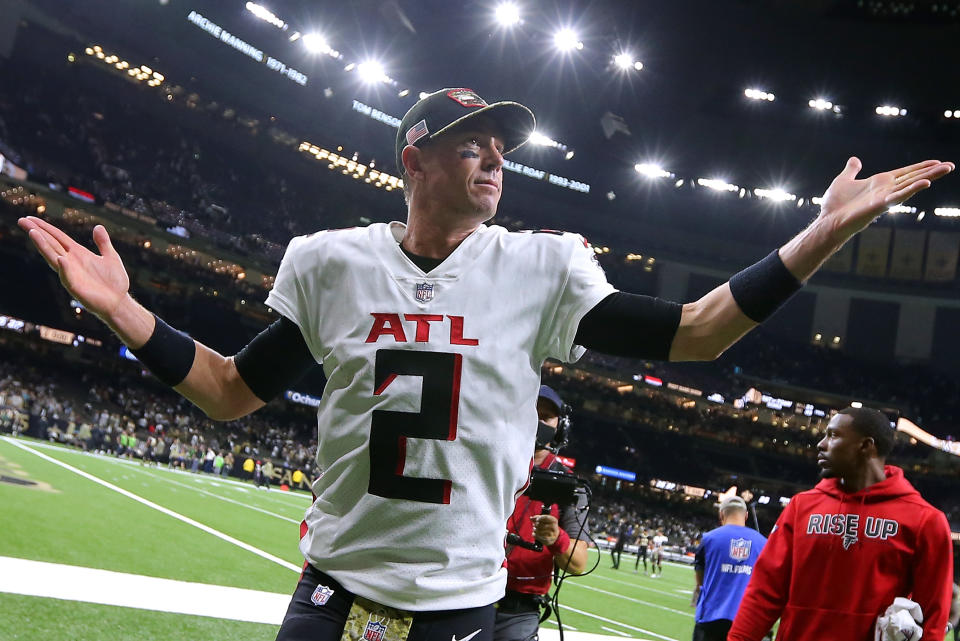 NEW ORLEANS, LOUISIANA - NOVEMBER 07: Matt Ryan #2 of the Atlanta Falcons reacts after a game against the New Orleans Saints at the Caesars Superdome on November 07, 2021 in New Orleans, Louisiana. (Photo by Jonathan Bachman/Getty Images)