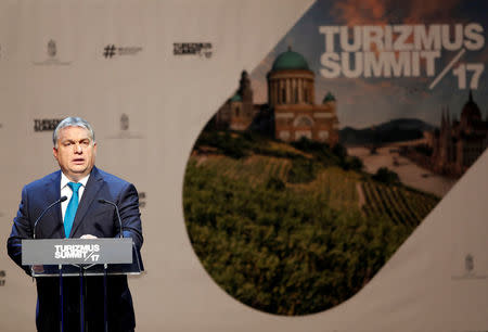 Hungarian Prime Minister Viktor Orban speaks at a tourism conference in Budapest, Hungary October 16, 2017. Picture taken October 16, 2017. REUTERS/Laszlo Balogh