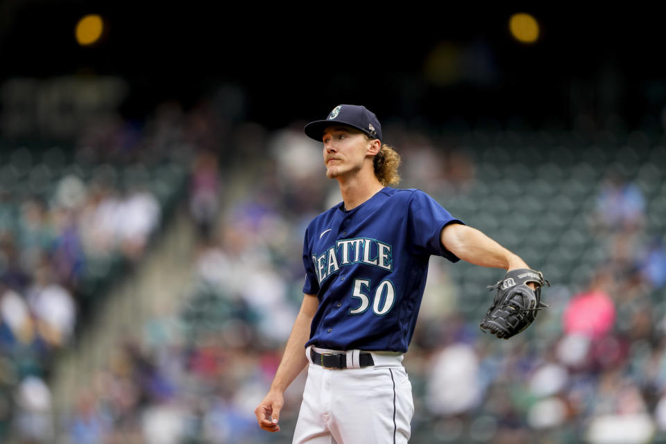 Seattle Mariners starting pitcher Bryce Miller reacts after giving up a two-run home run to Oakland Athletics' Lawrence Butler during the second inning of a baseball game, Wednesday, Aug. 30, 2023, in Seattle. (AP Photo/Lindsey Wasson)