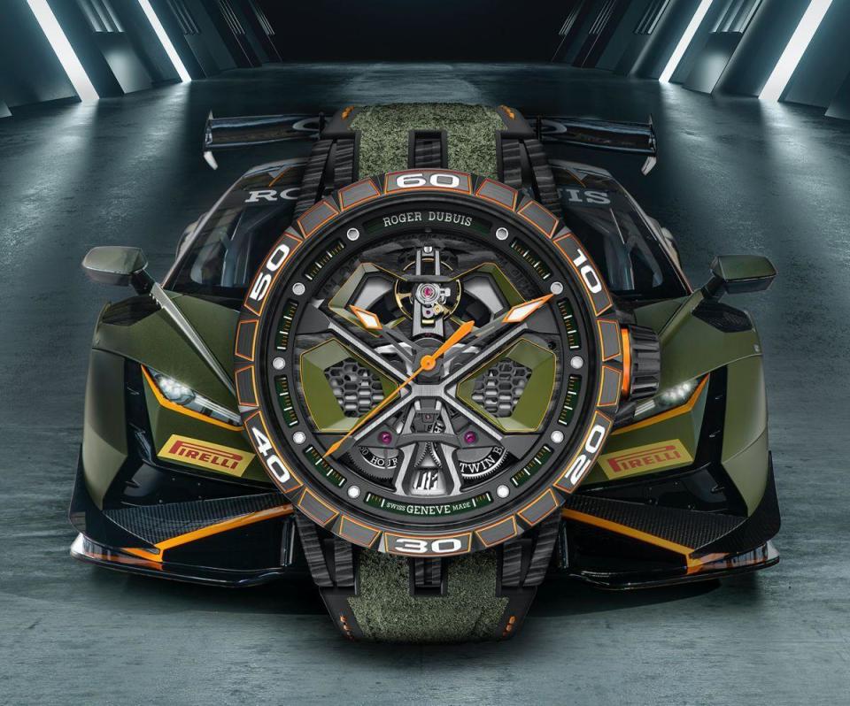 ROGER DUBUIS Excalibur Spider Huracán Monobalancier 錶款，採用軍綠色塗裝的Huracán Super Trofeo EVO 2賽車外型為靈感。並且以賽車用SMC片狀塑模碳纖維材質製作錶殼，錶徑45mm。限量88枚。功能：時、分、秒指示；日期顯示 機芯：自動上鏈機芯 定價：約NT$1,790,000（限量88枚）