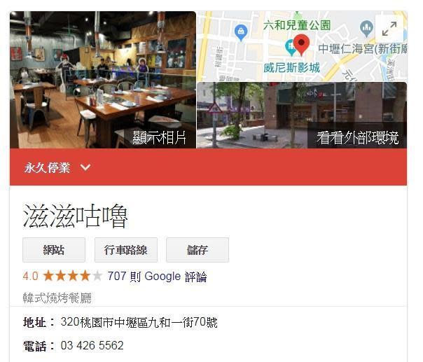 查看「滋滋咕嚕」中壢店的Google資訊，上方確實寫著「永久停業」。（翻攝自Google）