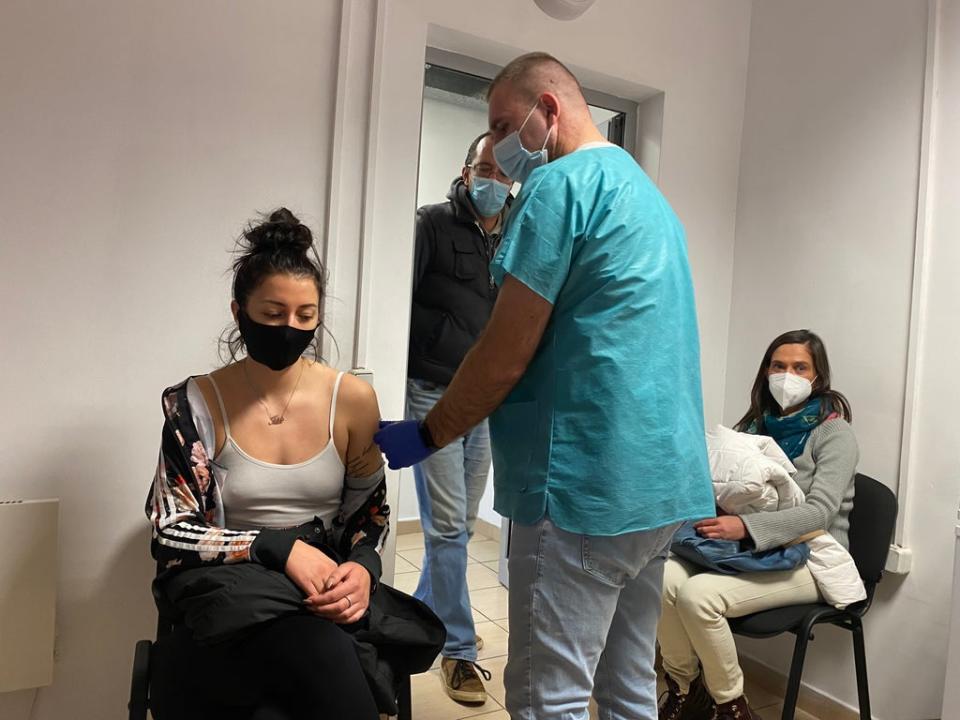 A woman is vaccinated at a centre in Sofia (Borzou Daragahi)