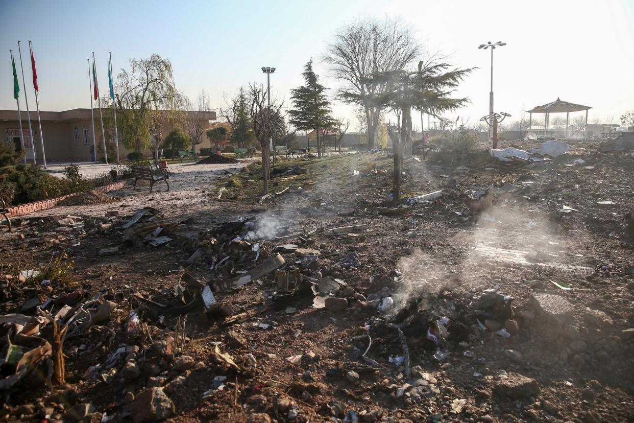 Debris from the plane belonging to Ukraine International Airlines that crashed after taking off from Iran's Imam Khomeini airport on Wednesday: Reuters