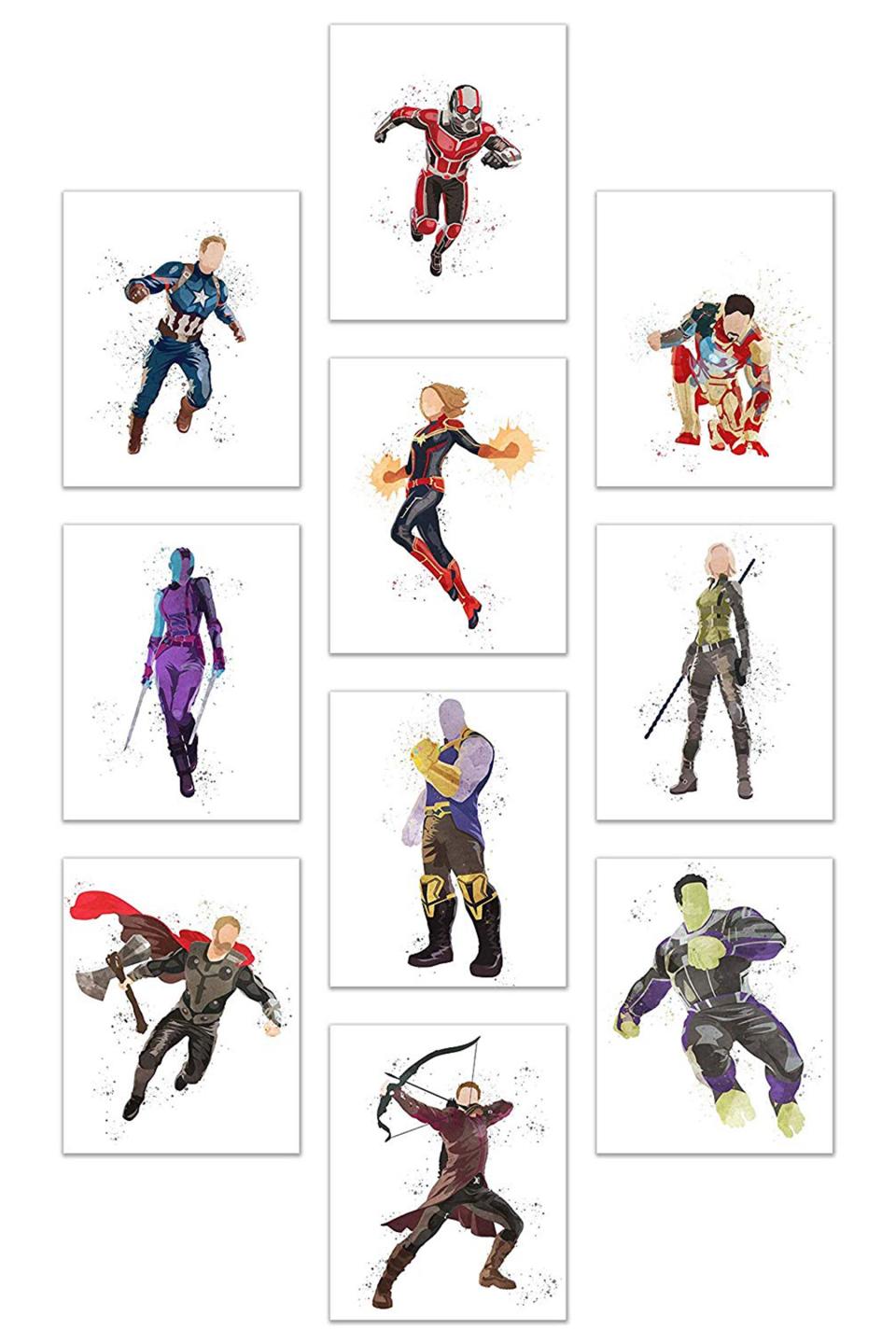 <b>Buy It! </b>Watercolor Avengers Endgame Poster Prints - Set of 10 Glossy Marvel Wall Art, $24.95; <a href="https://www.amazon.com/Watercolor-Avengers-Game-Poster-Prints/dp/B07NSBX8TL/ref=as_li_ss_tl?ie=UTF8&linkCode=ll1&tag=ewavengersendgamegearawarner419-20&linkId=3f2f4697a9662e7d9375dd42234fd485&language=en_US" rel="nofollow noopener" target="_blank" data-ylk="slk:amazon.com;elm:context_link;itc:0;sec:content-canvas" class="link ">amazon.com</a>