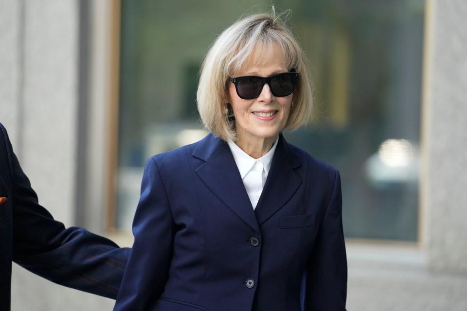 Former advice columnist E. Jean Carroll arrives to federal court in New York, Wednesday, April 26, 2023. (Copyright 2023 The Associated Press. All rights reserved.)