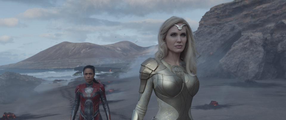 Thena (Angelina Jolie, right, with Lauren Ridloff) is a war goddess who struggles with PTSD and memory issues in "Eternals."