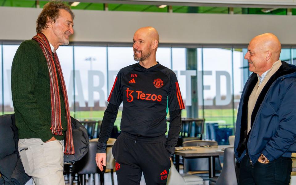 Ratcliffe and Brailsford speak to Erik ten Hag in the staff restaurant at Manchester United's Carrington training ground this week