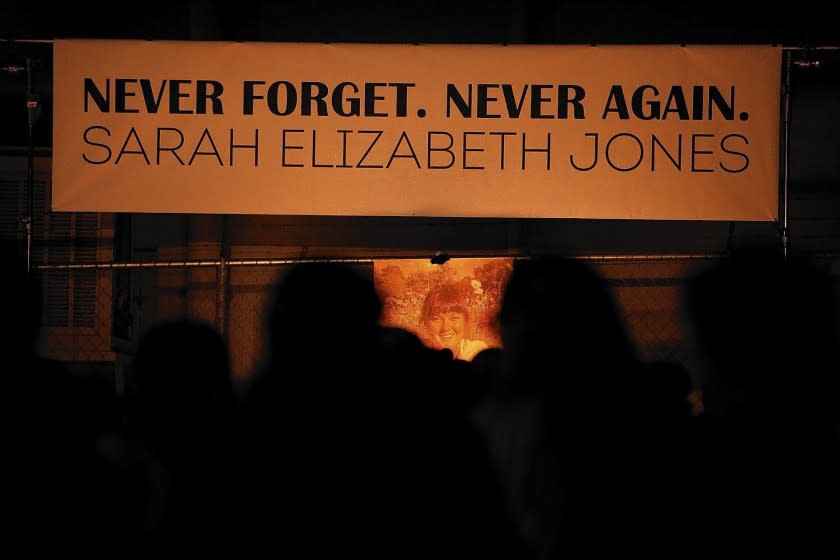 A photograph of Sarah Jones is placed at a memorial for the camera assistant at the International Cinematographers Guild in Hollywood. Jones, 27, was killed on the set of the film "Midnight Rider."