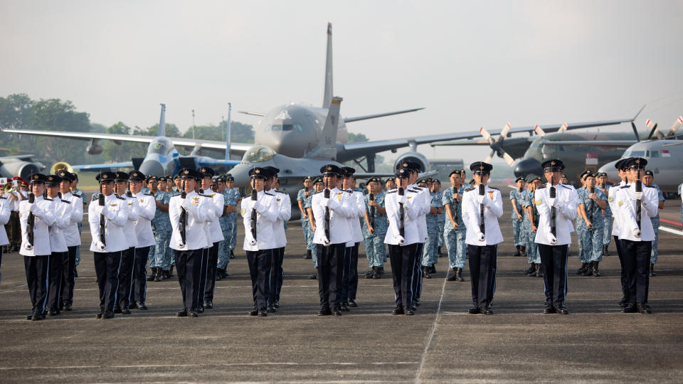 <p>Troops from the RSAF’s commands participating in a parade preview on 28 August. (PHOTO: Dhany Osman / Yahoo News Singapore) </p>