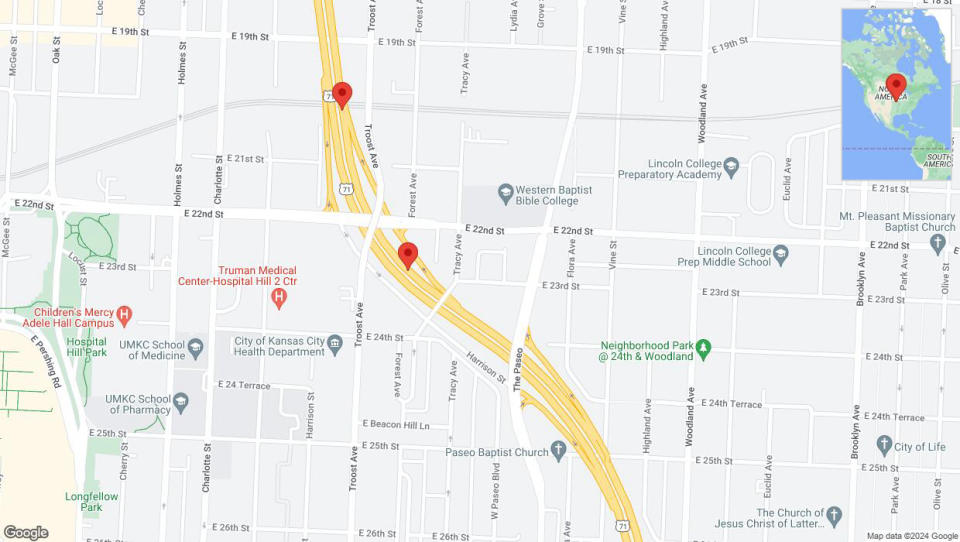 A detailed map that shows the affected road due to 'Broken down vehicle on northbound US-71 in Kansas City' on July 22nd at 11:51 p.m.