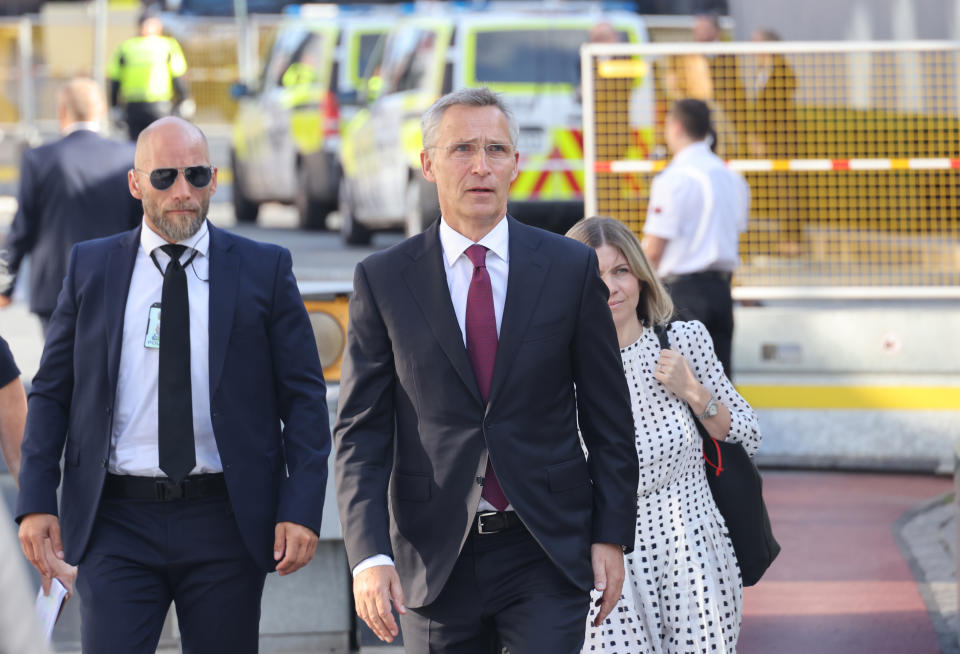 NATO leader Jens Stoltenberg, centre, arrives to attend a memorial service marking the 10-year anniversary of the terrorist attack by Anders Breivik, in the Government Quarter, Oslo, Thursday, July 22, 2021. Commemorations will be held marking the 10-year anniversary of Norway’s worst ever peacetime slaughter. On July 22, 2011, rightwing terrorist Anders Breivik set of a bomb in the capital, Oslo, killing eight people, before heading to tiny Utoya island where he stalked and shot dead 69 mostly teen members of the Labor Party youth wing. (Geir Olsen/NTB scanpix via AP)