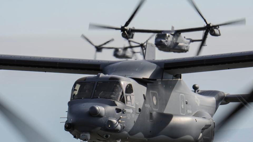 CV-22 Ospreys fly along the Lake Michigan coast of Wisconsin, Oct. 14, 2016. (Airman 1st Class Joseph Pick/Air Force)